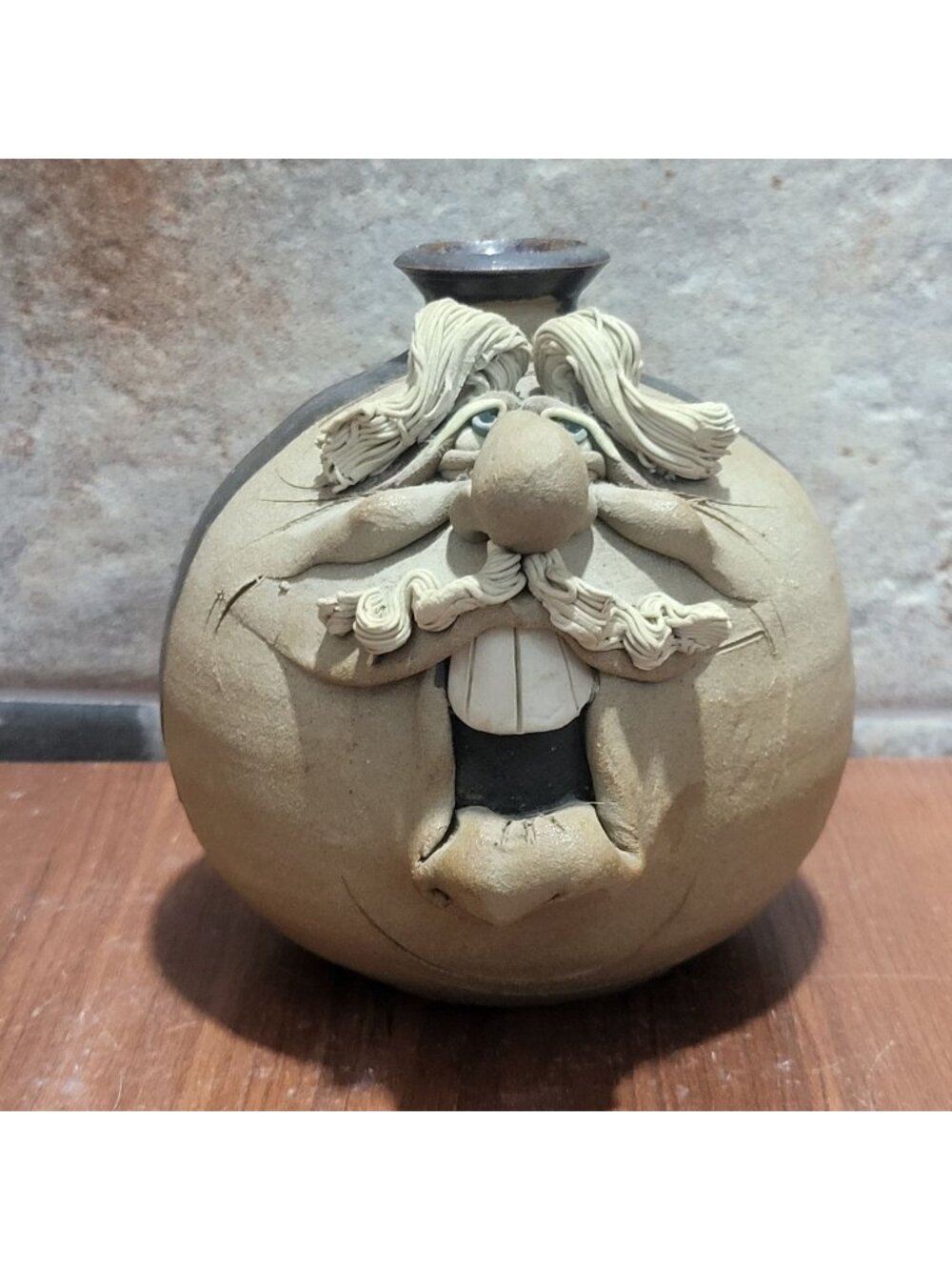 Vintage Stoneware Folk Art Pottery Ugly Funny Face Jug Vase